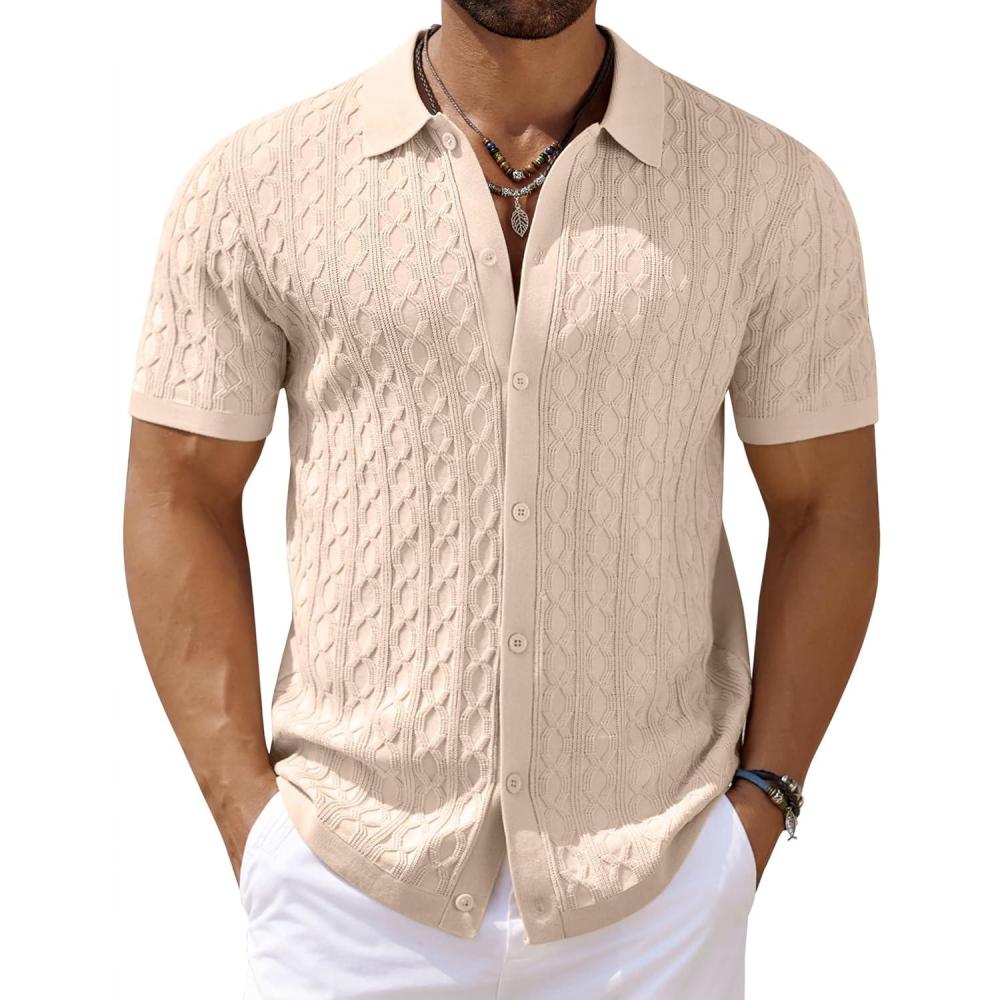 imageCOOFANDY Mens Knit Short Sleeve Shirts Button Down Vintage Knitted Polo Shirt Casual Beach Crochet Cable Vacation ShirtLight Coffee
