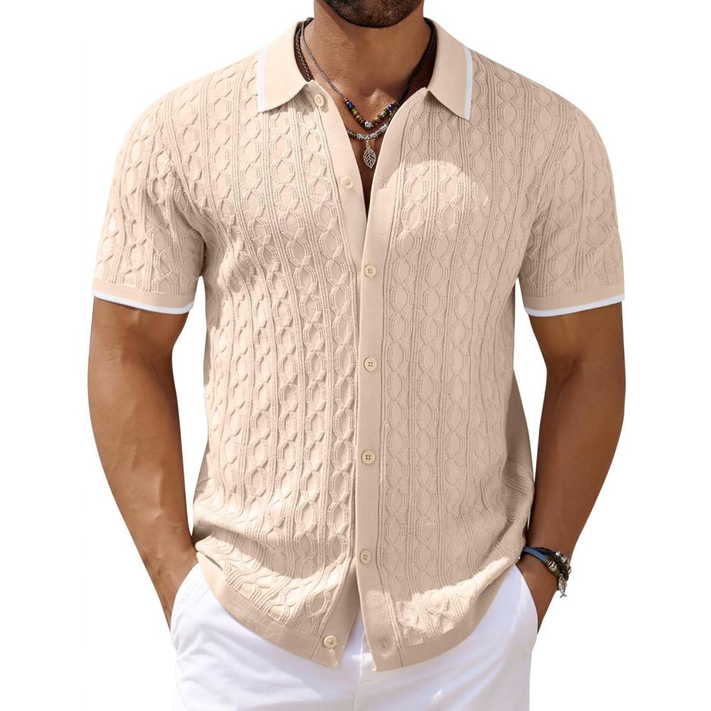 imageCOOFANDY Mens Knit Short Sleeve Shirts Button Down Vintage Knitted Polo Shirt Casual Beach Crochet Cable Vacation ShirtLight Coffeewhite