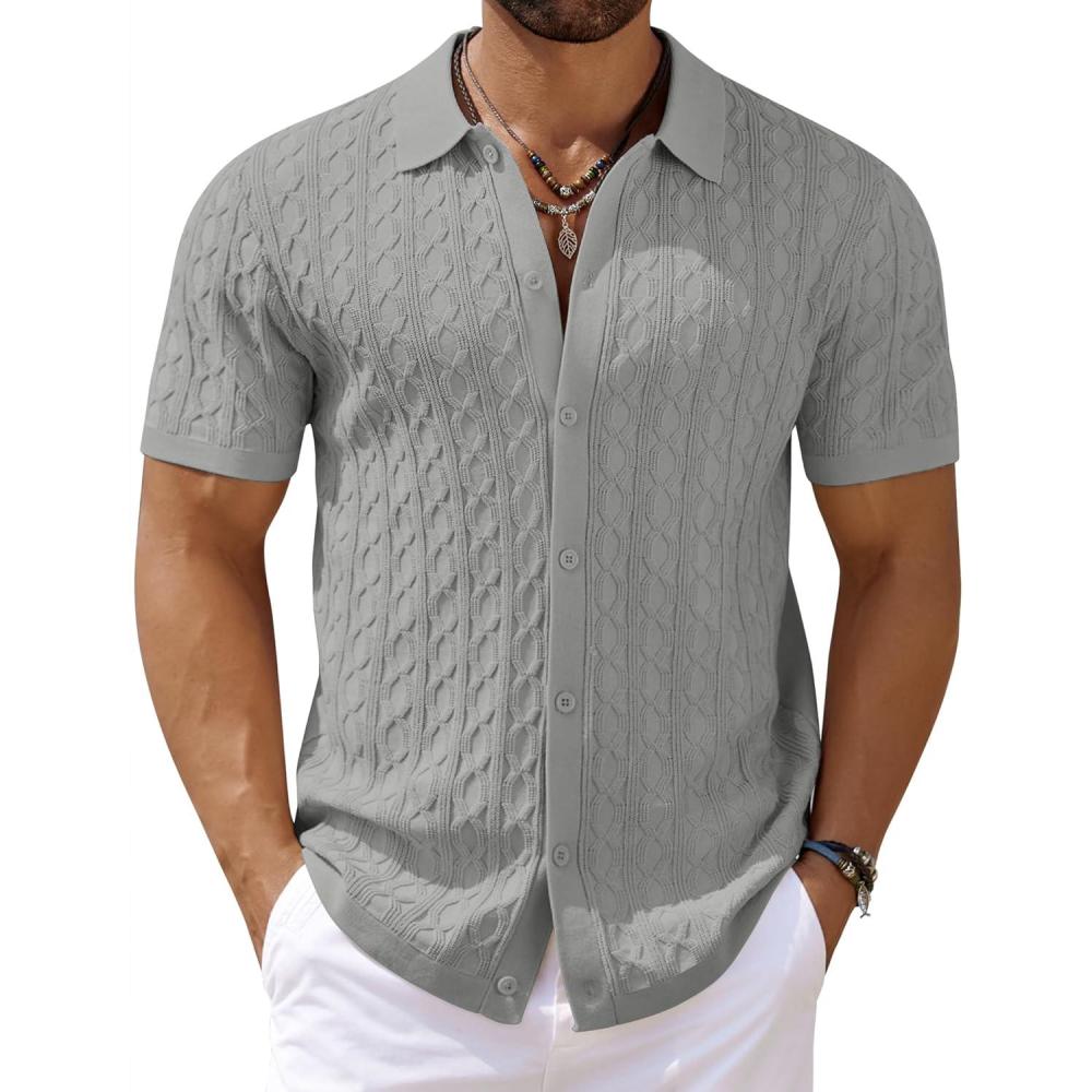 imageCOOFANDY Mens Knit Short Sleeve Shirts Button Down Vintage Knitted Polo Shirt Casual Beach Crochet Cable Vacation ShirtLight Gray