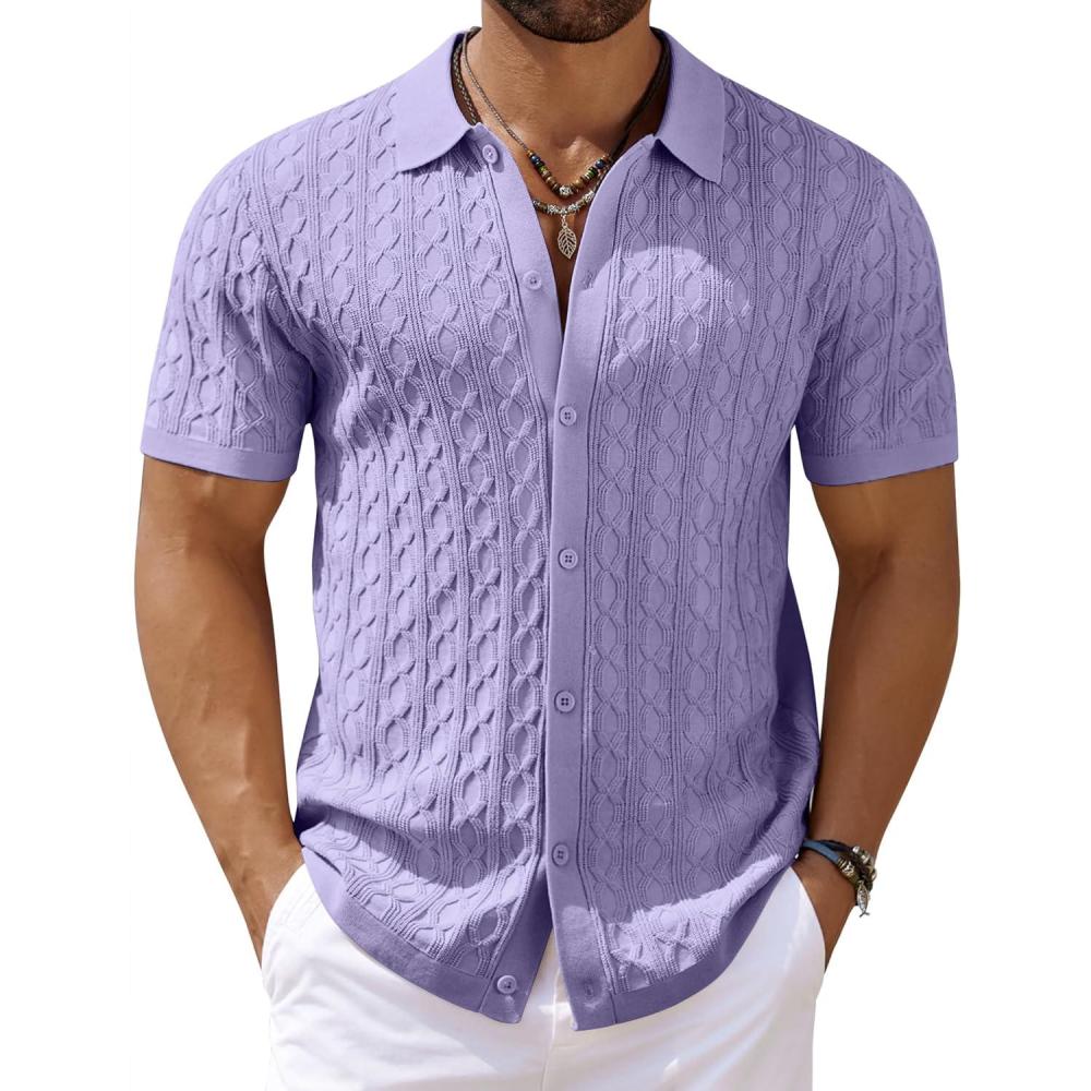 imageCOOFANDY Mens Knit Short Sleeve Shirts Button Down Vintage Knitted Polo Shirt Casual Beach Crochet Cable Vacation ShirtLilac Purple