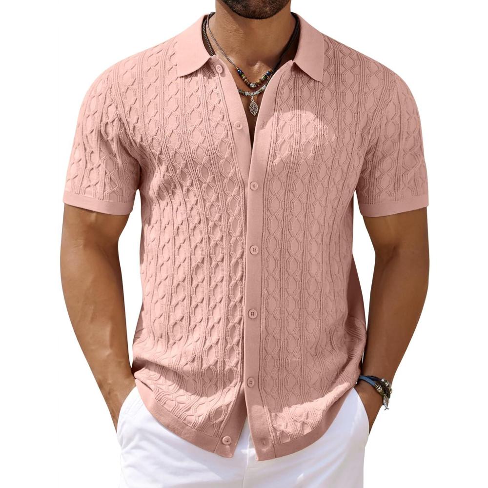 imageCOOFANDY Mens Knit Short Sleeve Shirts Button Down Vintage Knitted Polo Shirt Casual Beach Crochet Cable Vacation ShirtLotus Root Pink