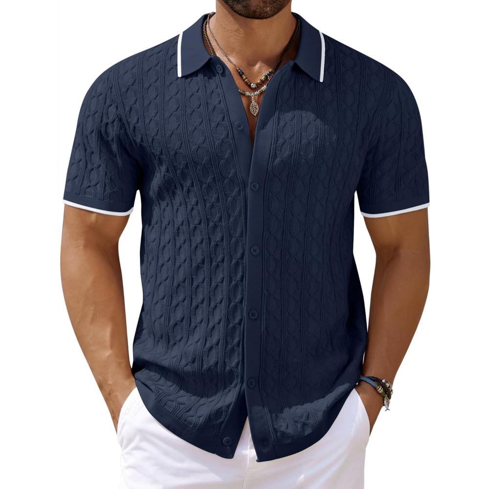 imageCOOFANDY Mens Knit Short Sleeve Shirts Button Down Vintage Knitted Polo Shirt Casual Beach Crochet Cable Vacation ShirtNavy Bluewhite