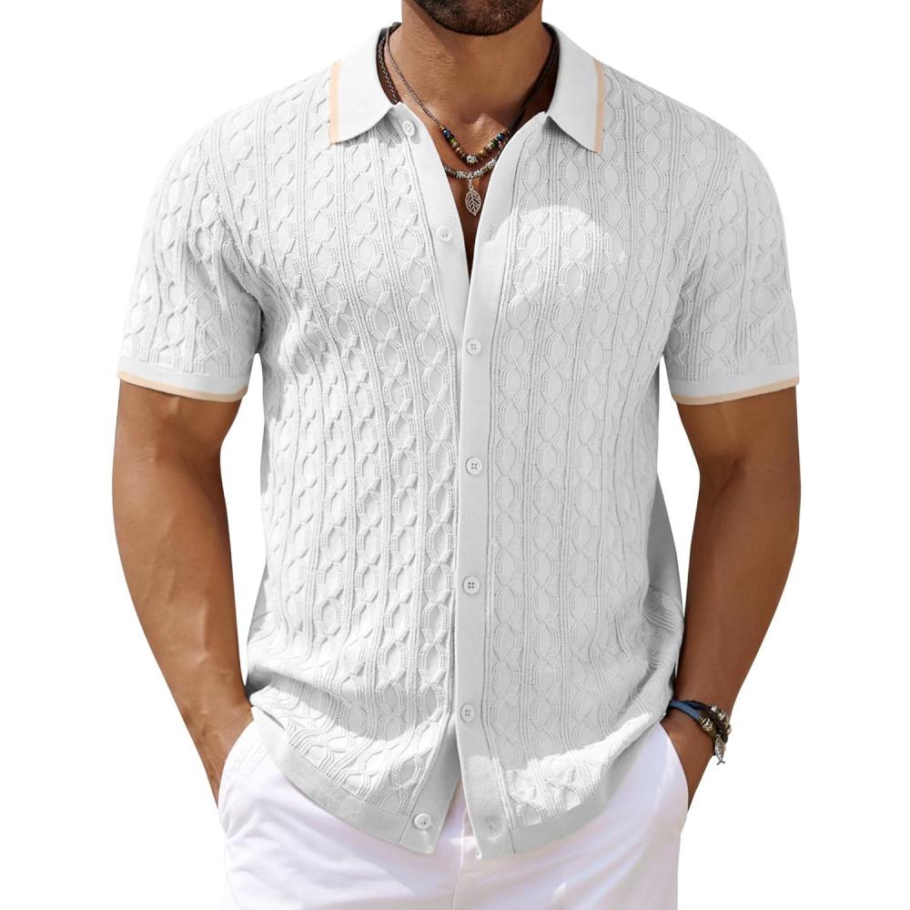 imageCOOFANDY Mens Knit Short Sleeve Shirts Button Down Vintage Knitted Polo Shirt Casual Beach Crochet Cable Vacation ShirtWhitekhaki