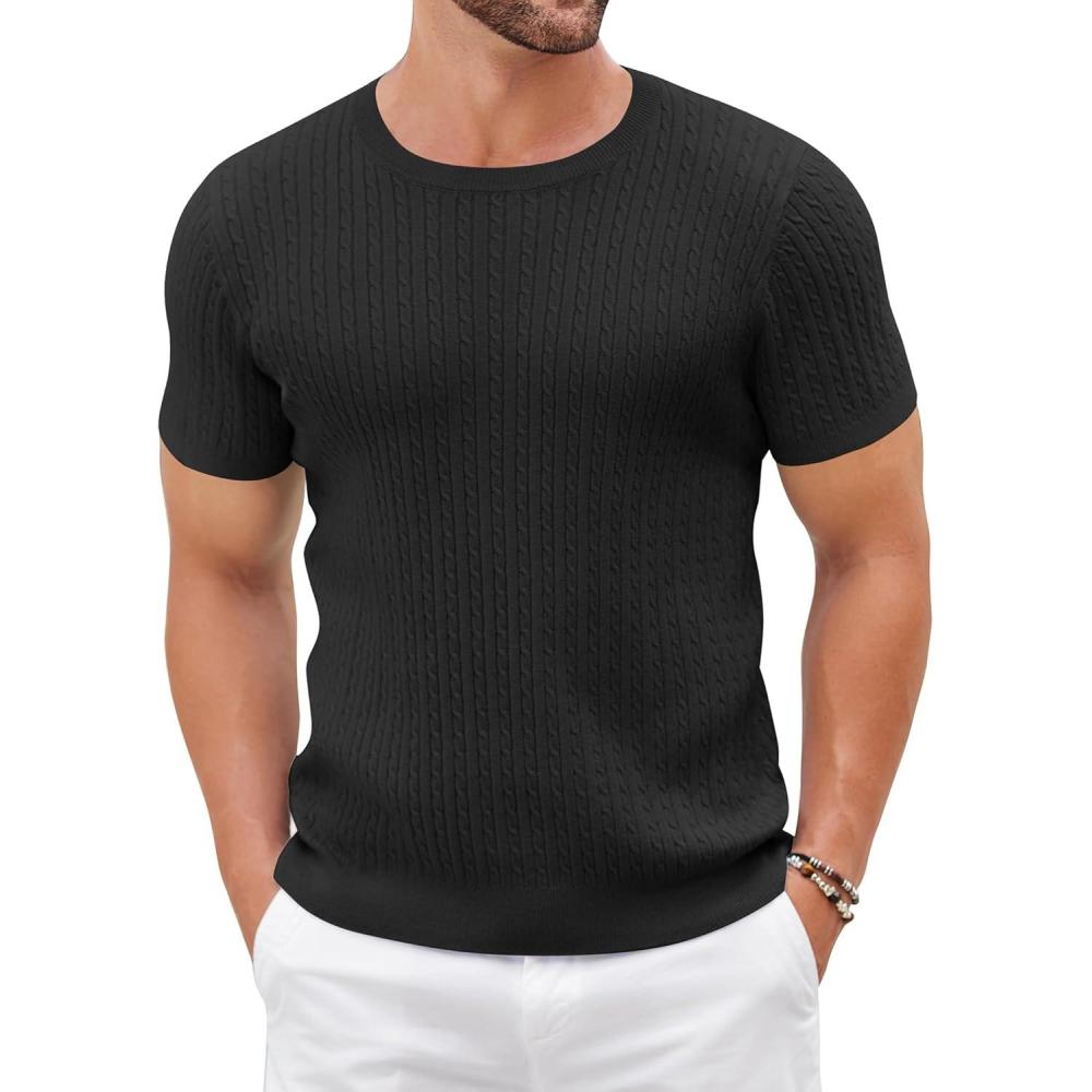 imageCOOFANDY Mens Knit T Shirt Short Sleeve Crewneck Casual Vintage TShirts Summer Twist Knitted Pullover TeeBlack