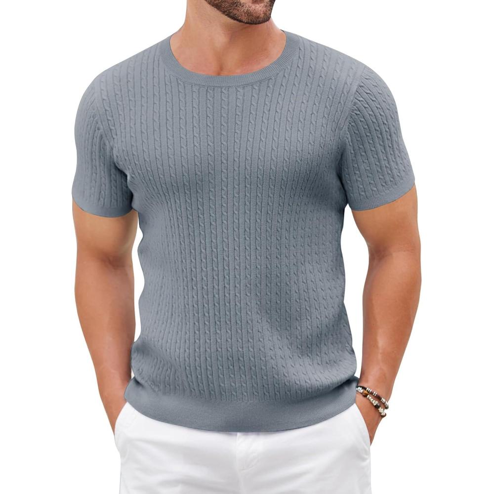 imageCOOFANDY Mens Knit T Shirt Short Sleeve Crewneck Casual Vintage TShirts Summer Twist Knitted Pullover TeeGrey