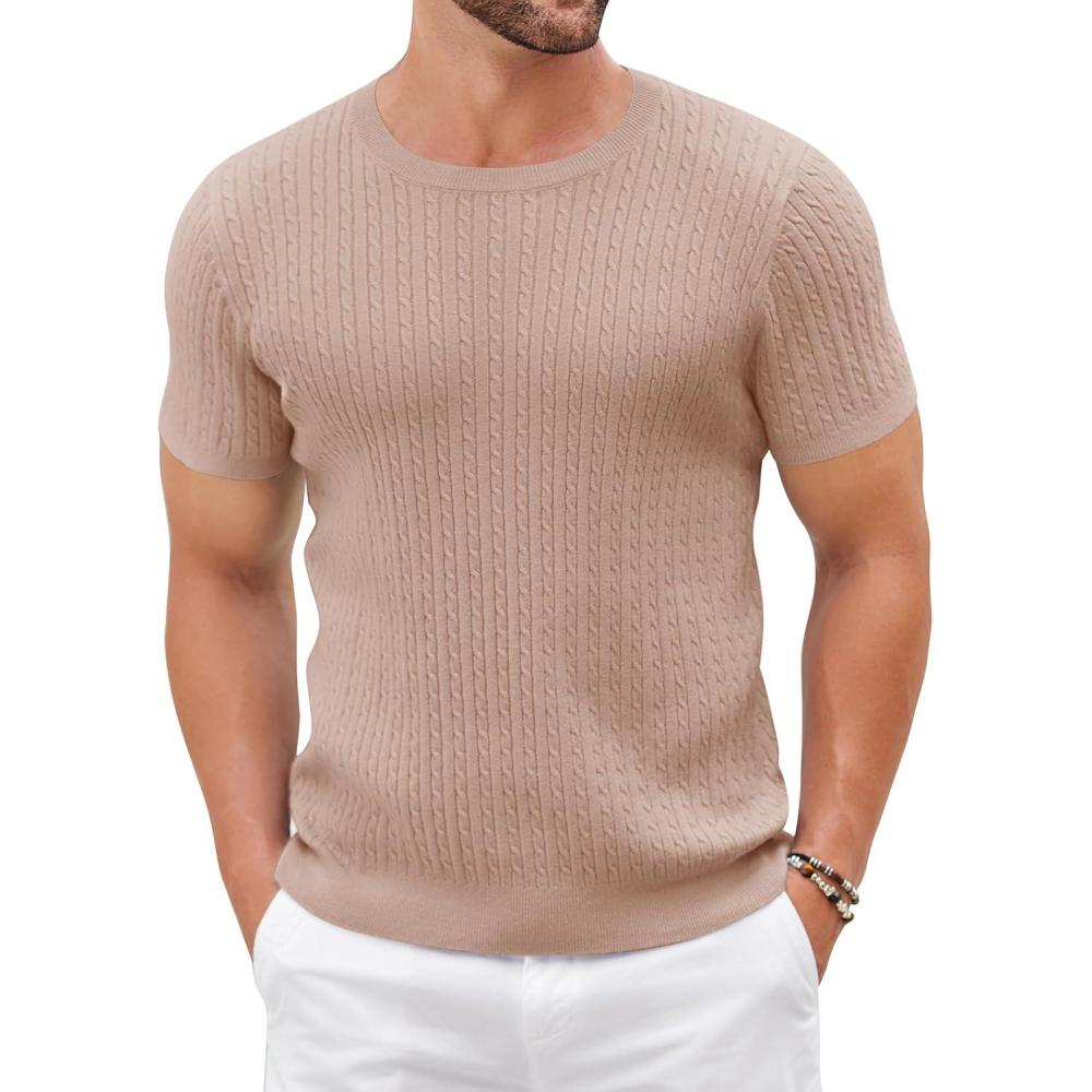 imageCOOFANDY Mens Knit T Shirt Short Sleeve Crewneck Casual Vintage TShirts Summer Twist Knitted Pullover TeeKhaki