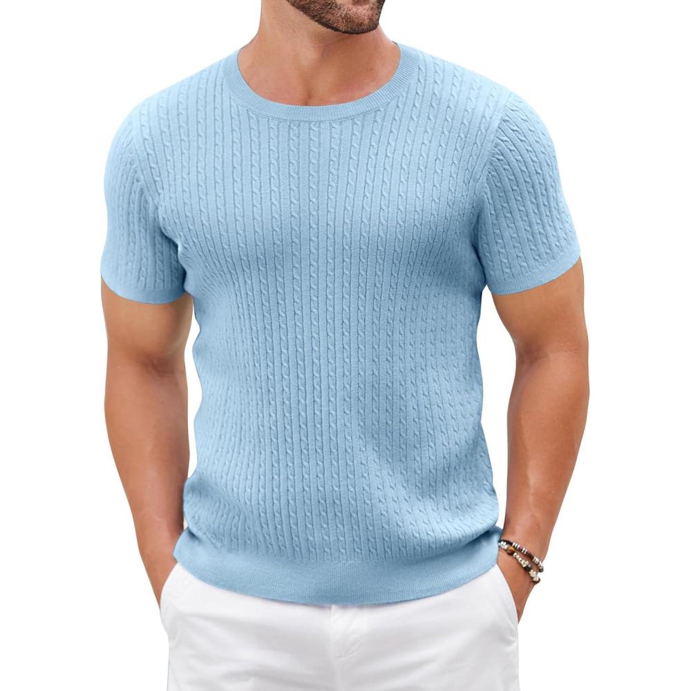 imageCOOFANDY Mens Knit T Shirt Short Sleeve Crewneck Casual Vintage TShirts Summer Twist Knitted Pullover TeeLight Blue