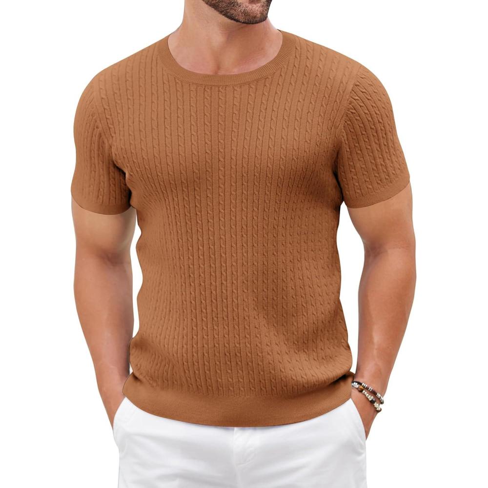 imageCOOFANDY Mens Knit T Shirt Short Sleeve Crewneck Casual Vintage TShirts Summer Twist Knitted Pullover TeeLight Brown