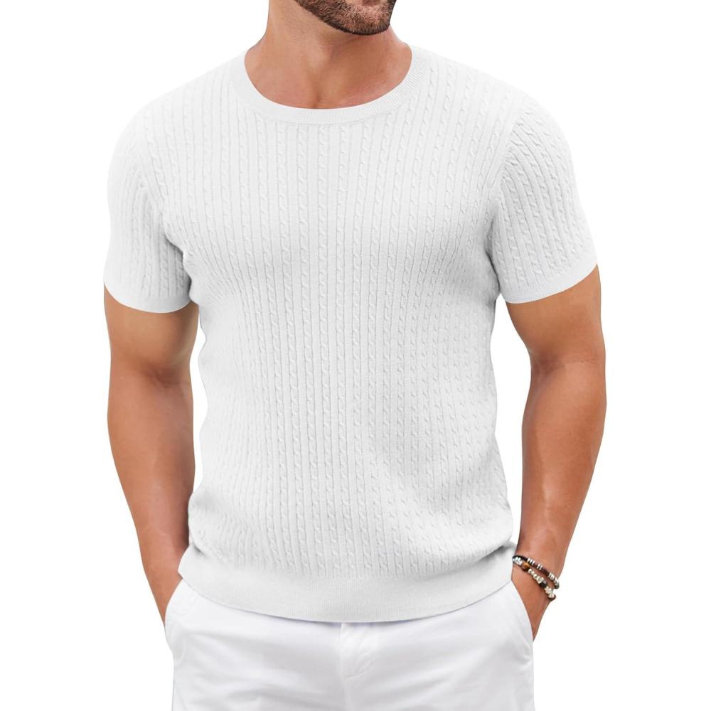 imageCOOFANDY Mens Knit T Shirt Short Sleeve Crewneck Casual Vintage TShirts Summer Twist Knitted Pullover TeeWhite