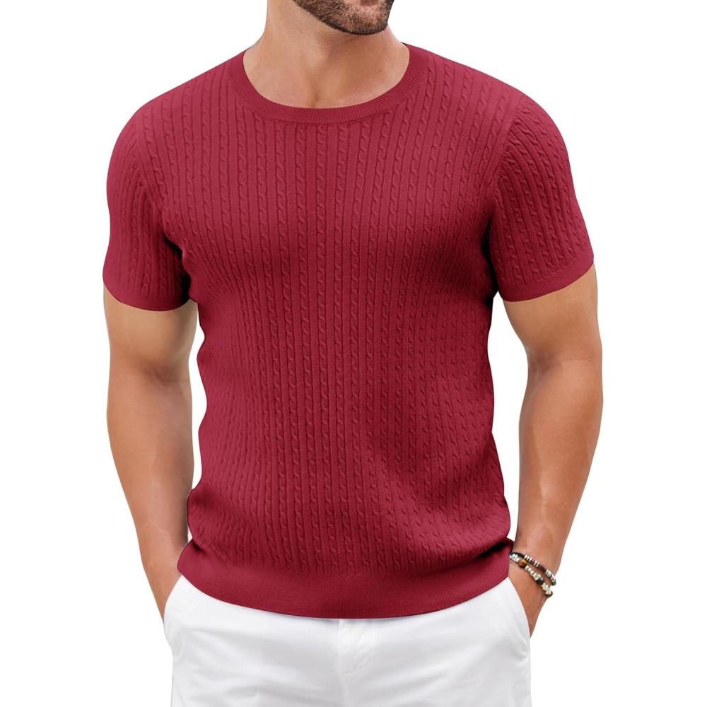 imageCOOFANDY Mens Knit T Shirt Short Sleeve Crewneck Casual Vintage TShirts Summer Twist Knitted Pullover TeeWine Red
