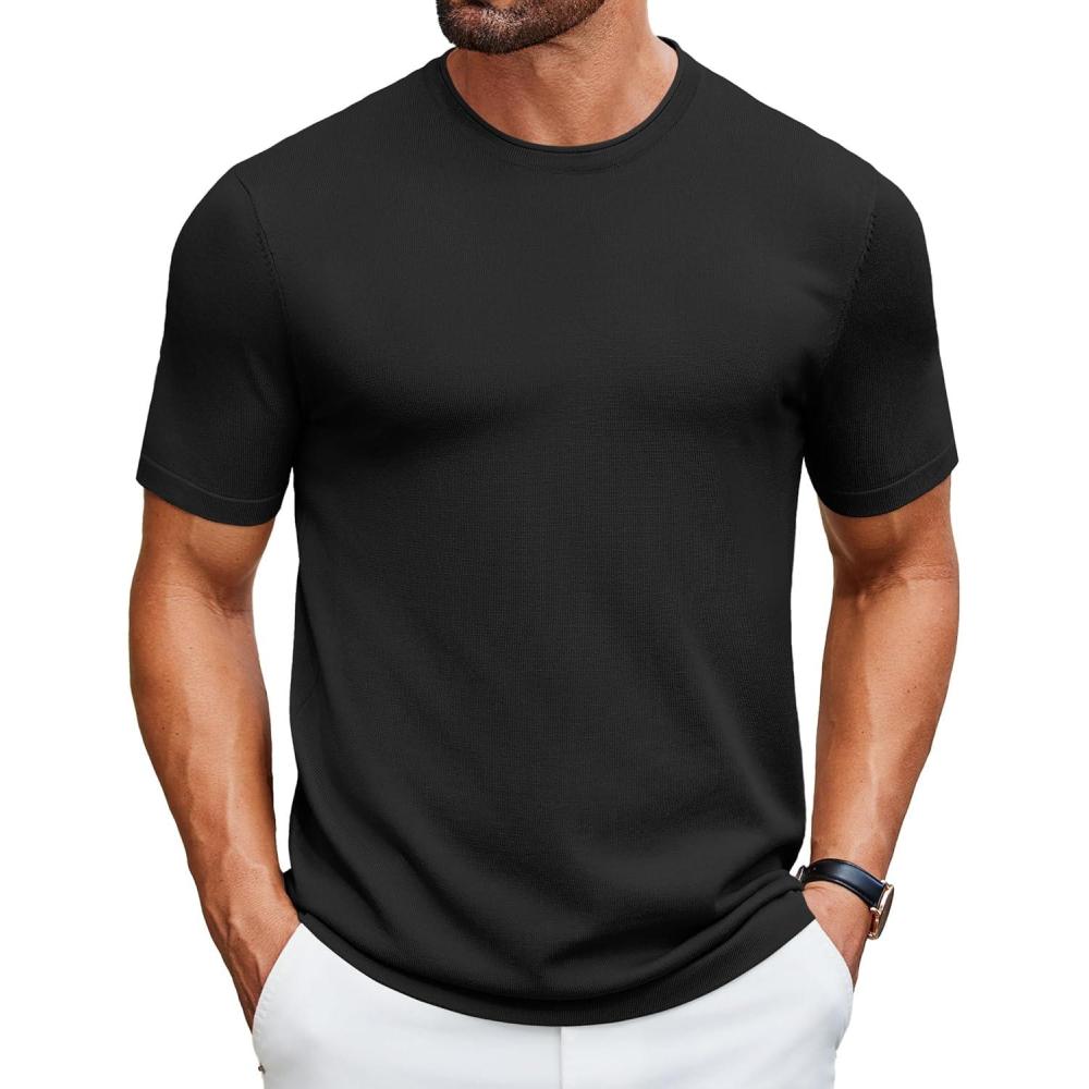 imageCOOFANDY Mens Knit TShirts Casual Crewneck Short Sleeve Shirts Summer Tops Basic Pullover TeesAll Black