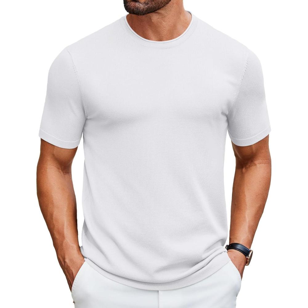imageCOOFANDY Mens Knit TShirts Casual Crewneck Short Sleeve Shirts Summer Tops Basic Pullover TeesAll White