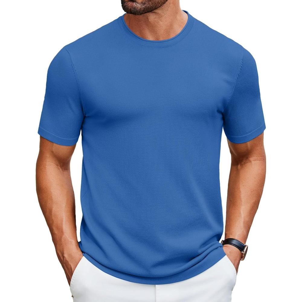 imageCOOFANDY Mens Knit TShirts Casual Crewneck Short Sleeve Shirts Summer Tops Basic Pullover TeesDenim Blue