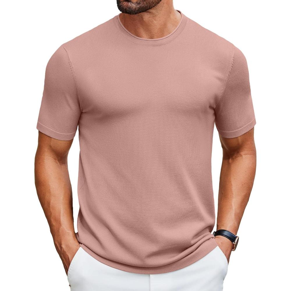 imageCOOFANDY Mens Knit TShirts Casual Crewneck Short Sleeve Shirts Summer Tops Basic Pullover TeesLight Pink