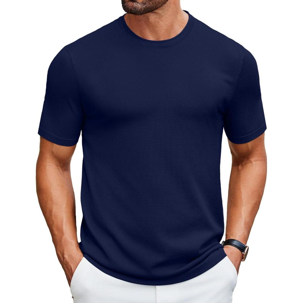imageCOOFANDY Mens Knit TShirts Casual Crewneck Short Sleeve Shirts Summer Tops Basic Pullover TeesNavy Blue