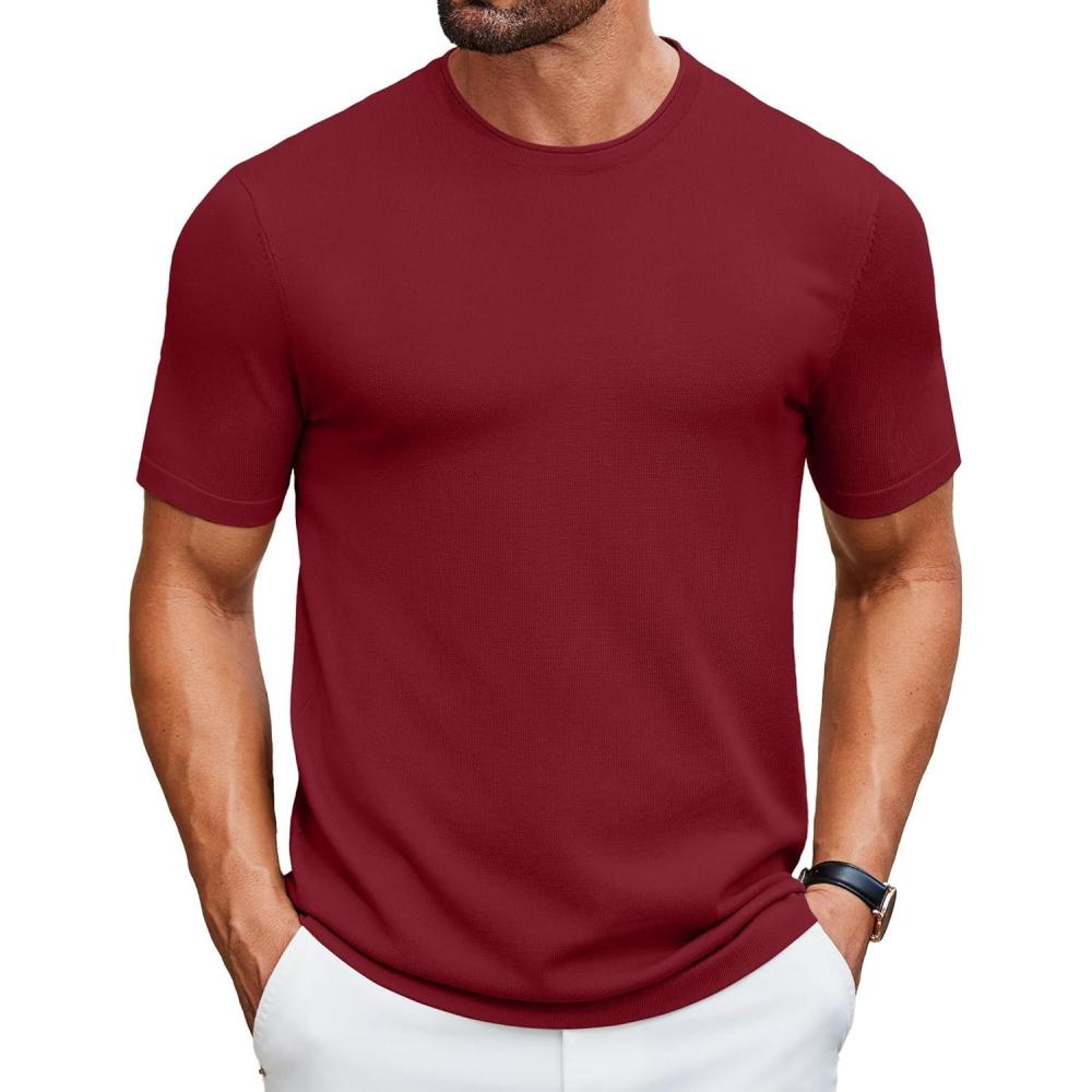 imageCOOFANDY Mens Knit TShirts Casual Crewneck Short Sleeve Shirts Summer Tops Basic Pullover TeesWine Red