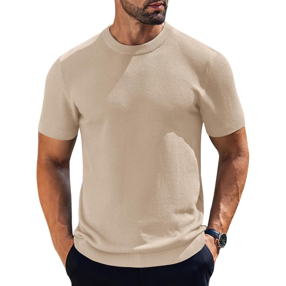 imageCOOFANDY Mens Knit TShirts Short Sleeve Crewneck Shirt Casual Textured Pullover TeesApricot