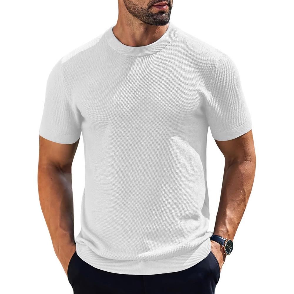 imageCOOFANDY Mens Knit TShirts Short Sleeve Crewneck Shirt Casual Textured Pullover TeesAwhite