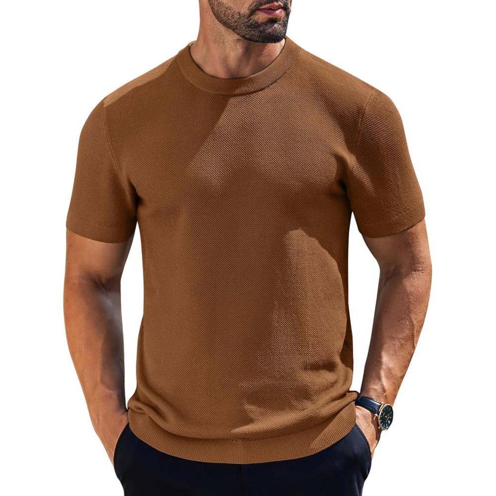 imageCOOFANDY Mens Knit TShirts Short Sleeve Crewneck Shirt Casual Textured Pullover TeesBrown