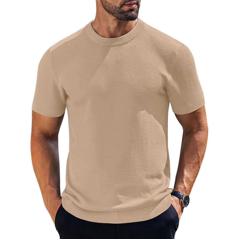 imageCOOFANDY Mens Knit TShirts Short Sleeve Crewneck Shirt Casual Textured Pullover TeesKhaki