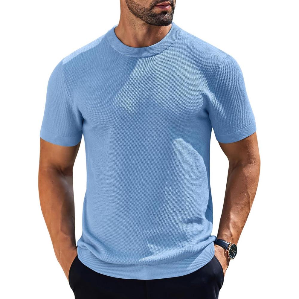 imageCOOFANDY Mens Knit TShirts Short Sleeve Crewneck Shirt Casual Textured Pullover TeesLight Blue