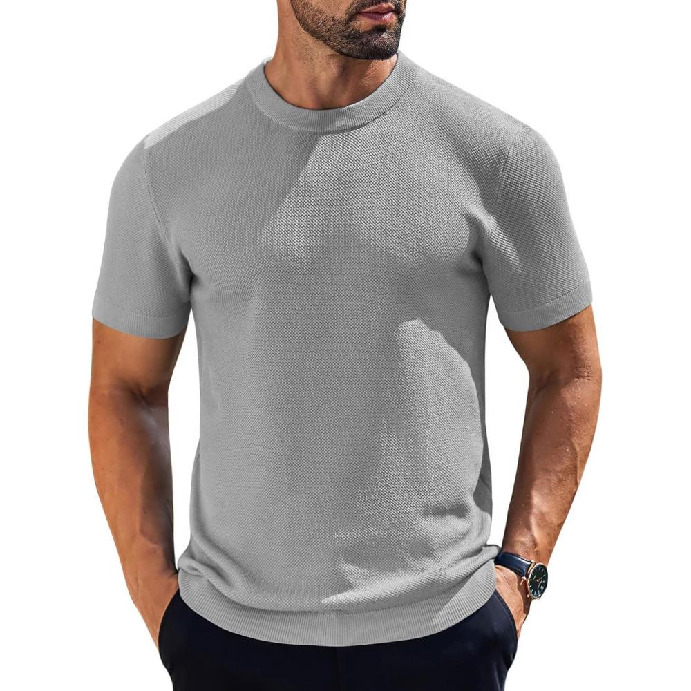 imageCOOFANDY Mens Knit TShirts Short Sleeve Crewneck Shirt Casual Textured Pullover TeesLight Grey