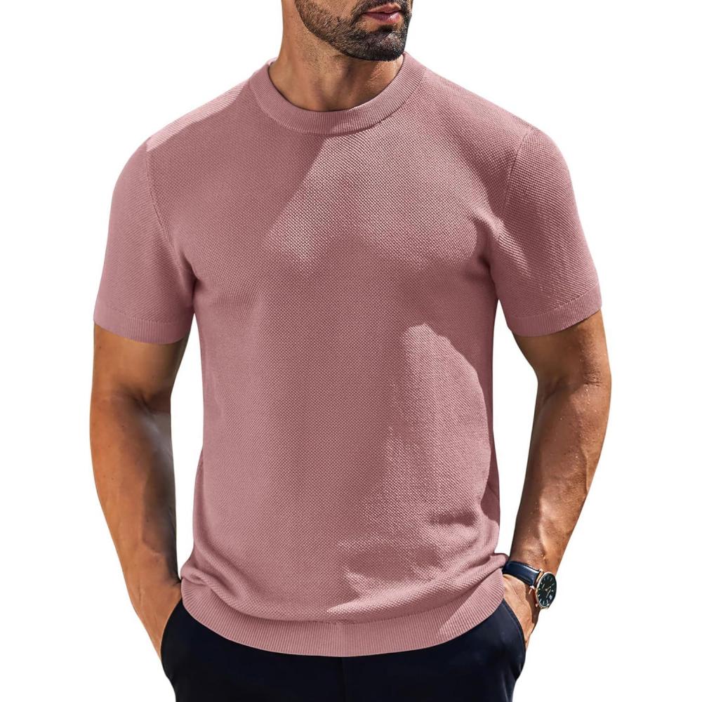 imageCOOFANDY Mens Knit TShirts Short Sleeve Crewneck Shirt Casual Textured Pullover TeesPink