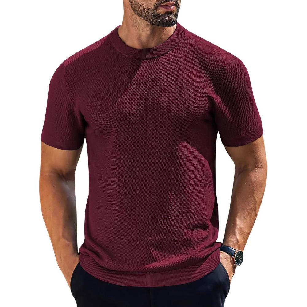 imageCOOFANDY Mens Knit TShirts Short Sleeve Crewneck Shirt Casual Textured Pullover TeesWine Red