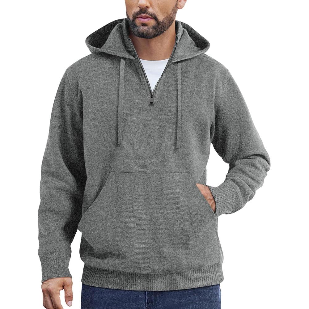 imageCOOFANDY Mens Knitted Hoodie Sweater Long Sleeve Turtleneck Quarter Zip Pullover Sweaters with PocketDark Gray