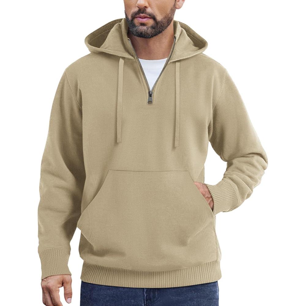 imageCOOFANDY Mens Knitted Hoodie Sweater Long Sleeve Turtleneck Quarter Zip Pullover Sweaters with PocketKhaki