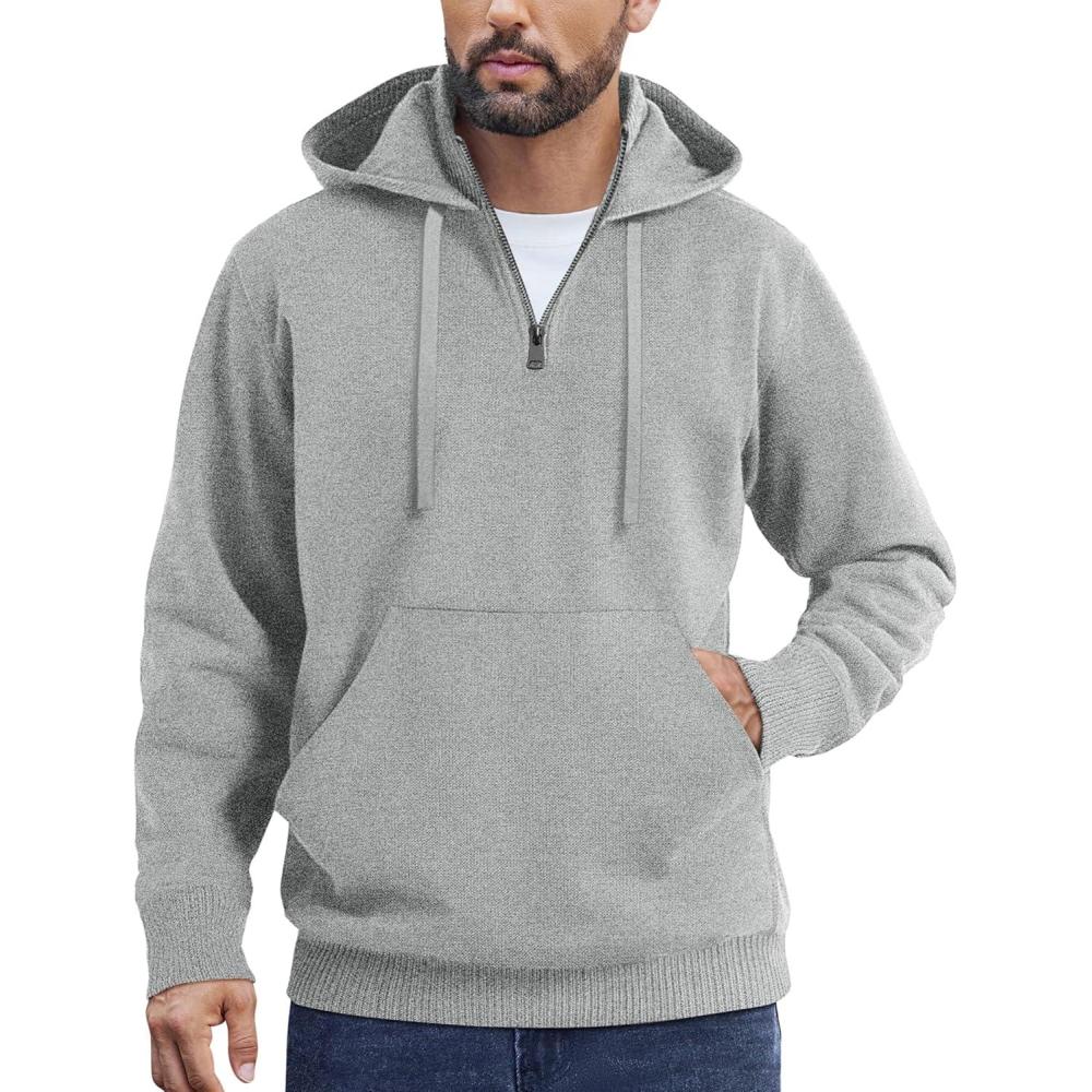 imageCOOFANDY Mens Knitted Hoodie Sweater Long Sleeve Turtleneck Quarter Zip Pullover Sweaters with PocketLight Gray