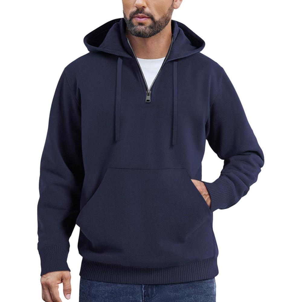 imageCOOFANDY Mens Knitted Hoodie Sweater Long Sleeve Turtleneck Quarter Zip Pullover Sweaters with PocketNavy Blue