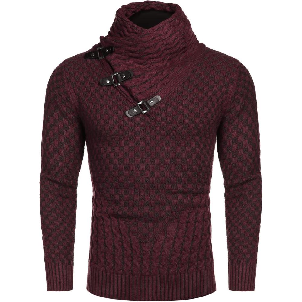 imageCOOFANDY Mens Knitted Hoodies Pullover Casual Long Sleeve Turtleneck SweatersA Wine Red