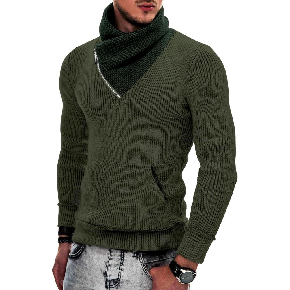 imageCOOFANDY Mens Knitted Turtleneck Pullover Shawl Collar Sweaters Slim Fit High Neck Hoodies with PocketsArmy Green
