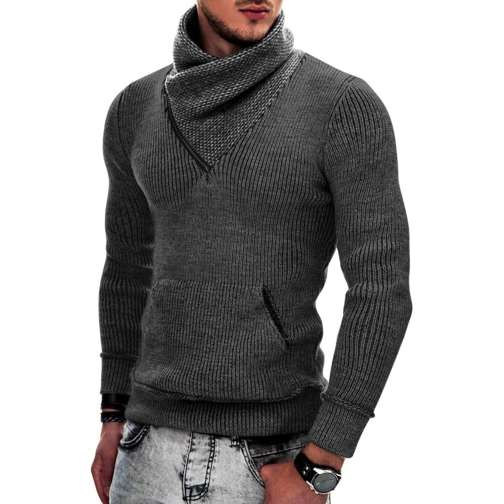 imageCOOFANDY Mens Knitted Turtleneck Pullover Shawl Collar Sweaters Slim Fit High Neck Hoodies with PocketsBlack