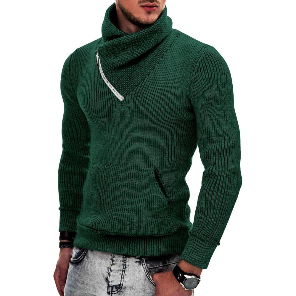 imageCOOFANDY Mens Knitted Turtleneck Pullover Shawl Collar Sweaters Slim Fit High Neck Hoodies with PocketsBlackish Green