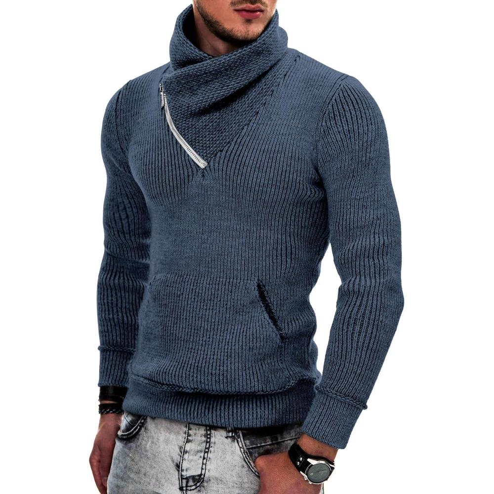 imageCOOFANDY Mens Knitted Turtleneck Pullover Shawl Collar Sweaters Slim Fit High Neck Hoodies with PocketsBlue