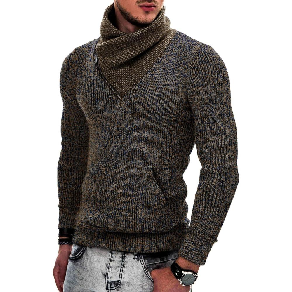 imageCOOFANDY Mens Knitted Turtleneck Pullover Shawl Collar Sweaters Slim Fit High Neck Hoodies with PocketsBrown