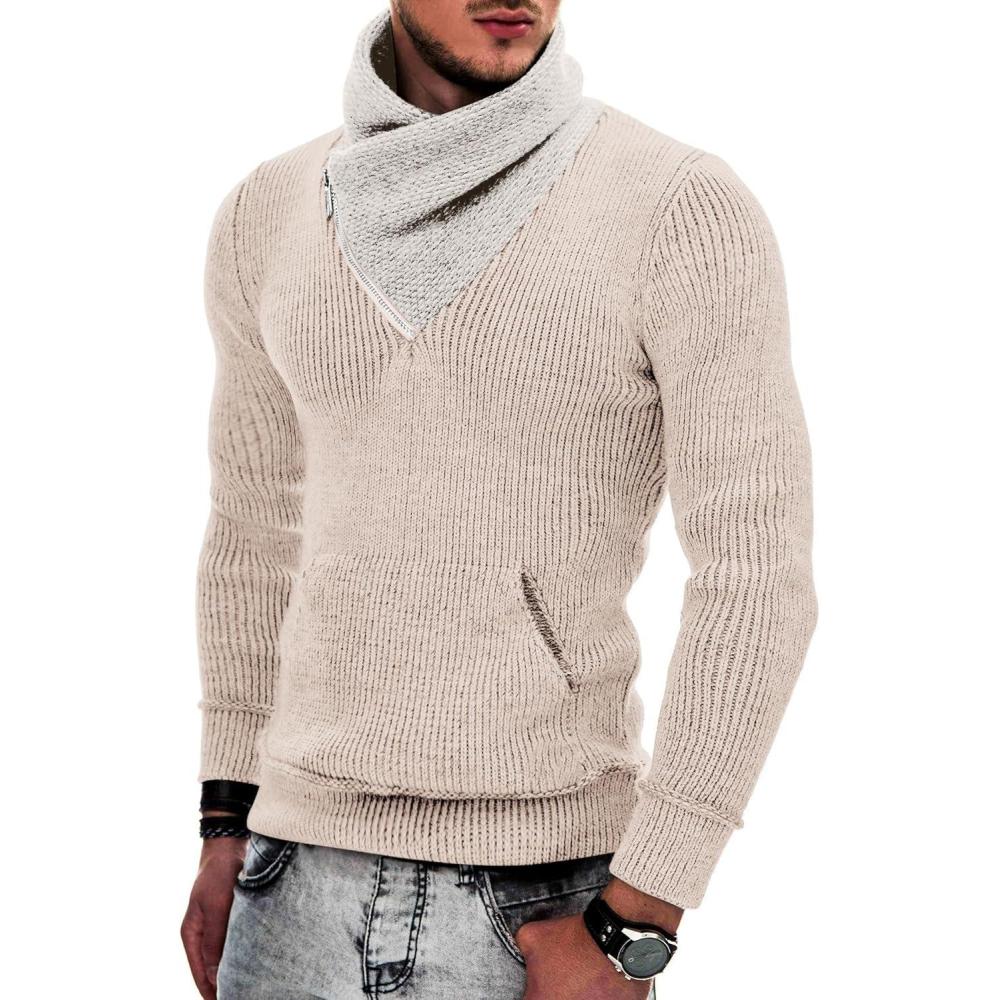 imageCOOFANDY Mens Knitted Turtleneck Pullover Shawl Collar Sweaters Slim Fit High Neck Hoodies with PocketsCamel