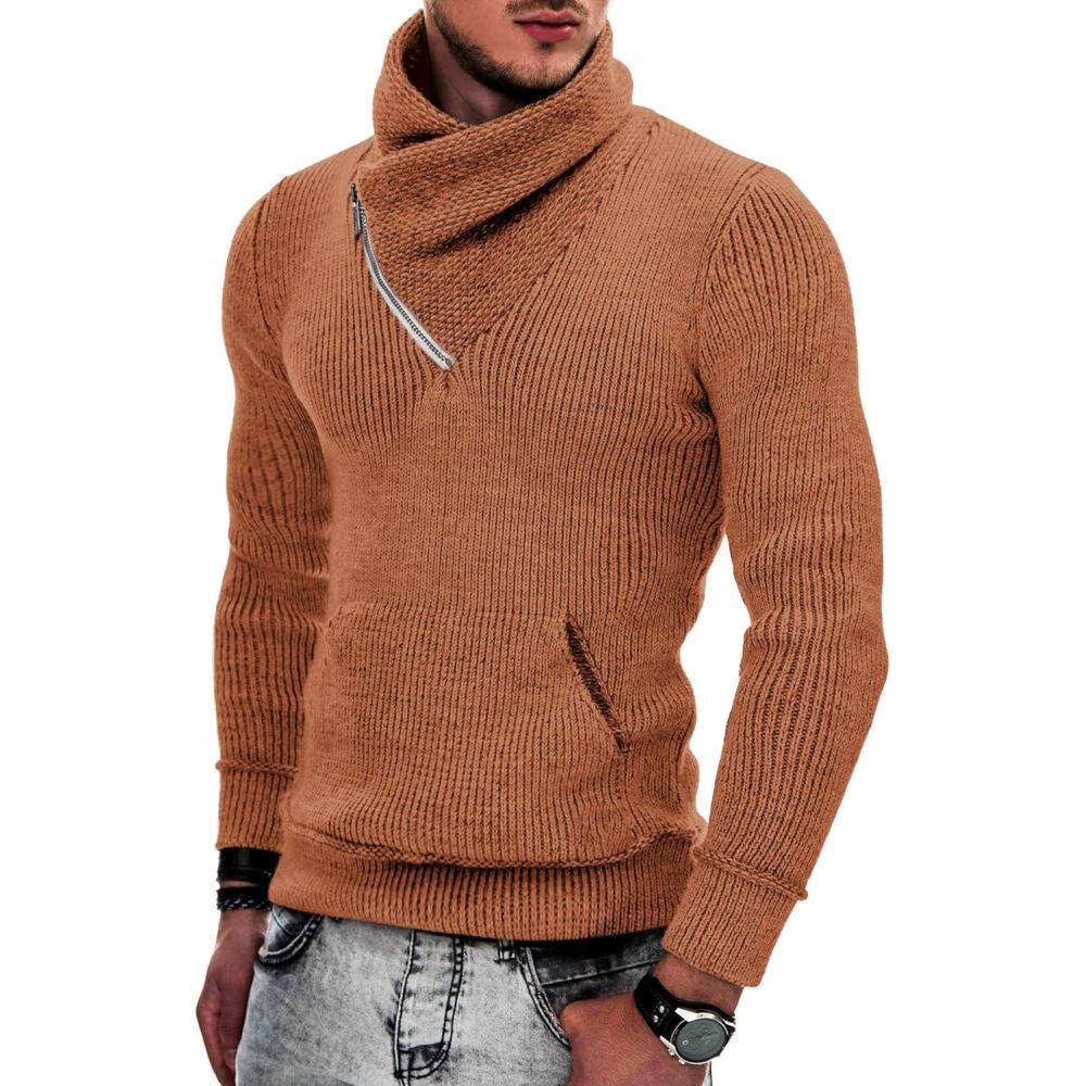 imageCOOFANDY Mens Knitted Turtleneck Pullover Shawl Collar Sweaters Slim Fit High Neck Hoodies with PocketsCaramel