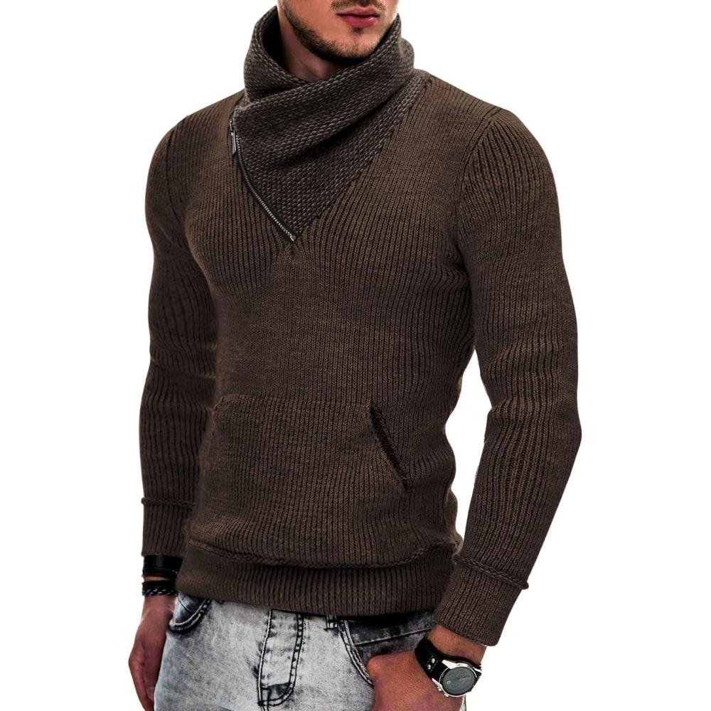 imageCOOFANDY Mens Knitted Turtleneck Pullover Shawl Collar Sweaters Slim Fit High Neck Hoodies with PocketsCoffee