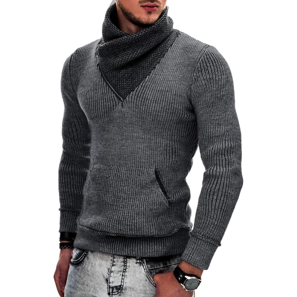 imageCOOFANDY Mens Knitted Turtleneck Pullover Shawl Collar Sweaters Slim Fit High Neck Hoodies with PocketsDark Gray