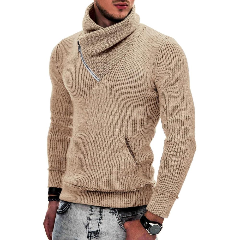 imageCOOFANDY Mens Knitted Turtleneck Pullover Shawl Collar Sweaters Slim Fit High Neck Hoodies with PocketsKhaki