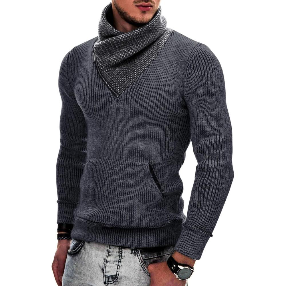 imageCOOFANDY Mens Knitted Turtleneck Pullover Shawl Collar Sweaters Slim Fit High Neck Hoodies with PocketsNavy Blue