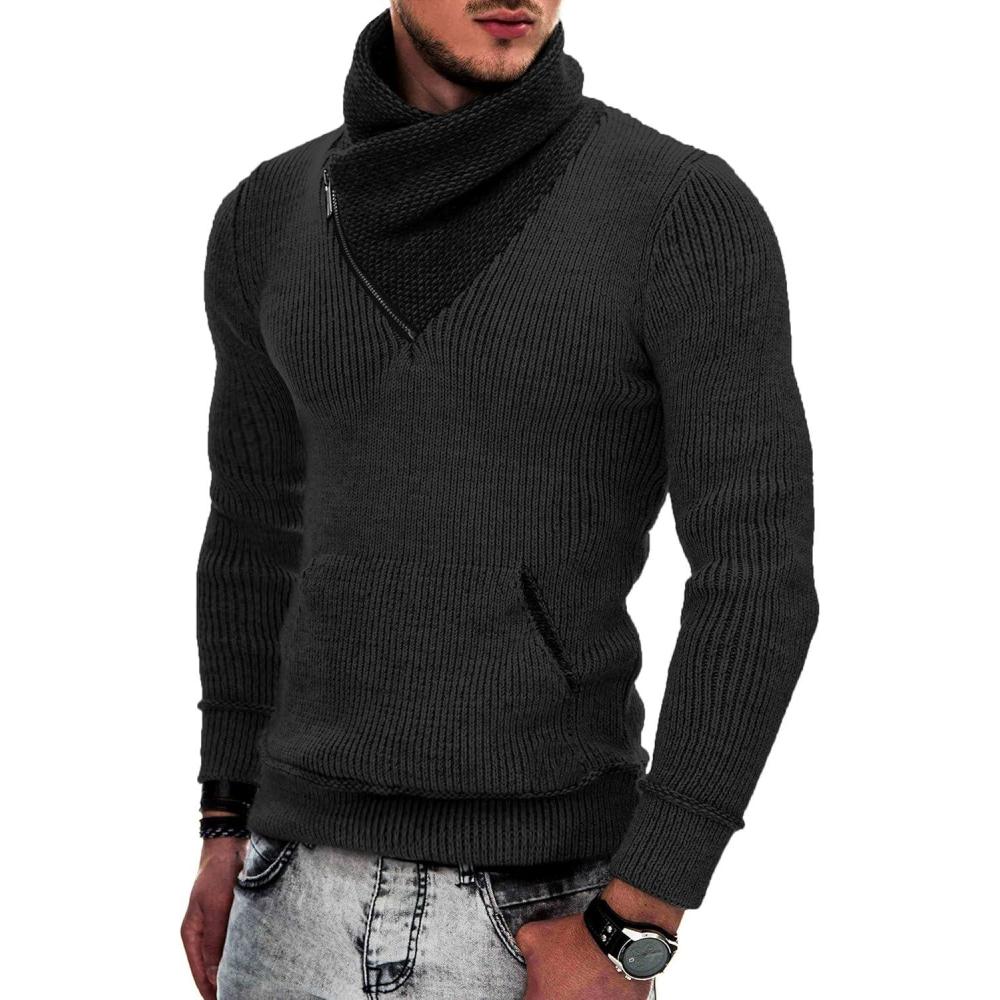 imageCOOFANDY Mens Knitted Turtleneck Pullover Shawl Collar Sweaters Slim Fit High Neck Hoodies with PocketsPure Black