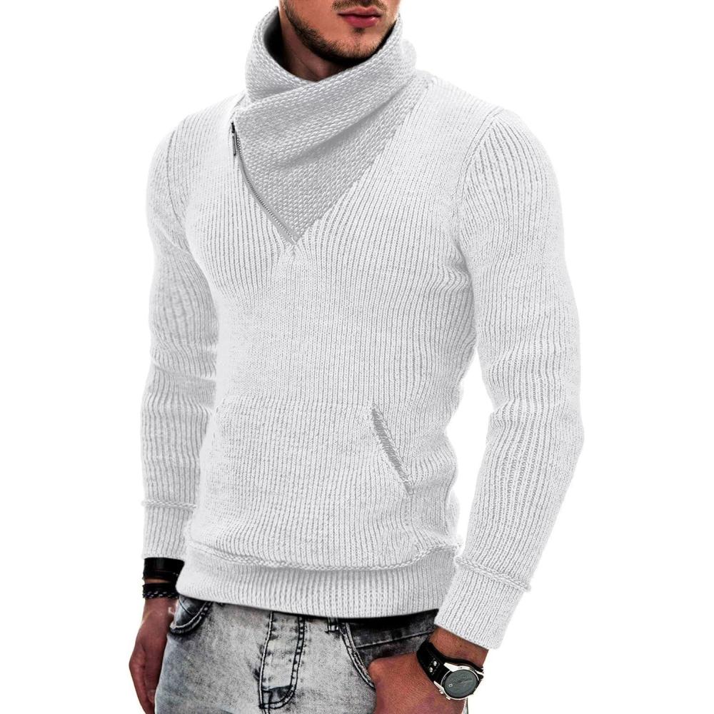 imageCOOFANDY Mens Knitted Turtleneck Pullover Shawl Collar Sweaters Slim Fit High Neck Hoodies with PocketsWhite