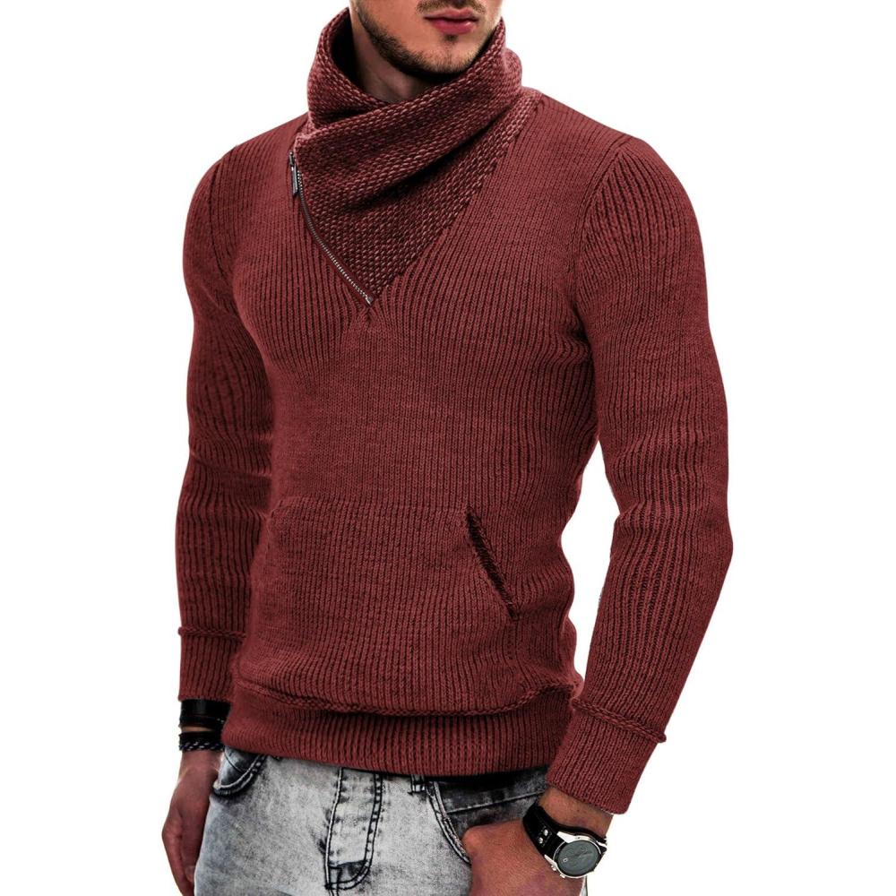 imageCOOFANDY Mens Knitted Turtleneck Pullover Shawl Collar Sweaters Slim Fit High Neck Hoodies with PocketsWine Red