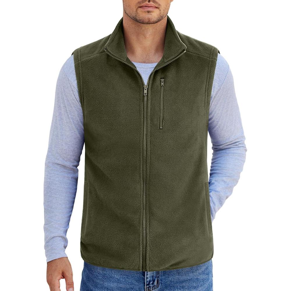 imageCOOFANDY Mens Lightweight Fleece Vest Sleeveless Zip Up Warm Jacket Casual Outerwear Vests With PocketsArmy Green