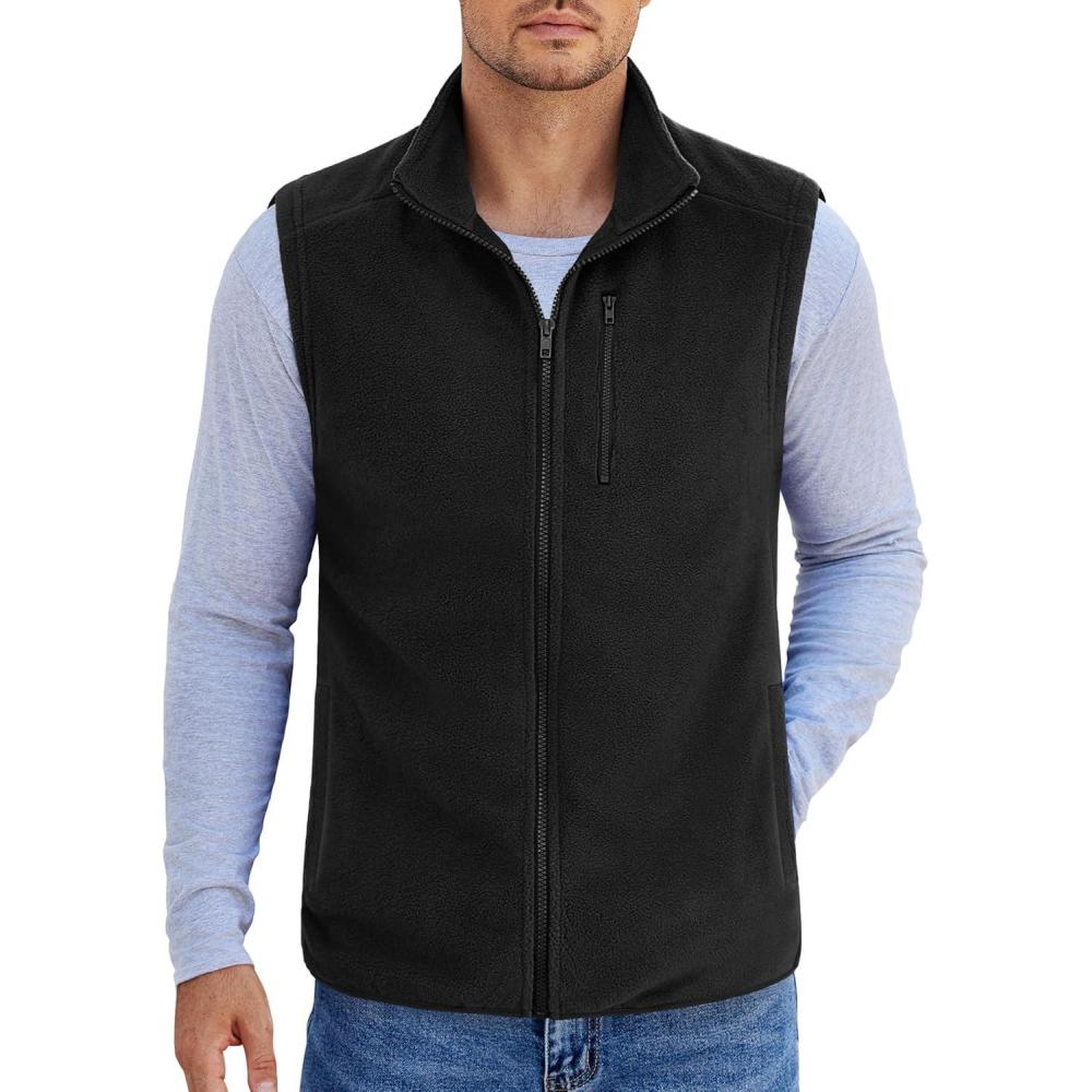 imageCOOFANDY Mens Lightweight Fleece Vest Sleeveless Zip Up Warm Jacket Casual Outerwear Vests With PocketsBlack