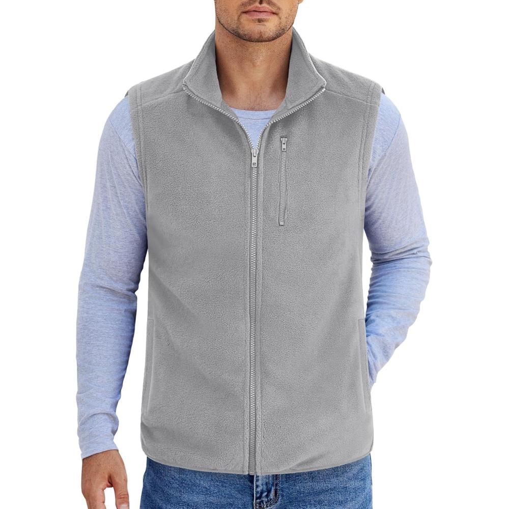 imageCOOFANDY Mens Lightweight Fleece Vest Sleeveless Zip Up Warm Jacket Casual Outerwear Vests With PocketsLight Grey